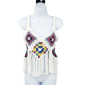 Womens‎ Crochet Granny Square Boho Festival Coachella Beach Fringe Crop Top OS